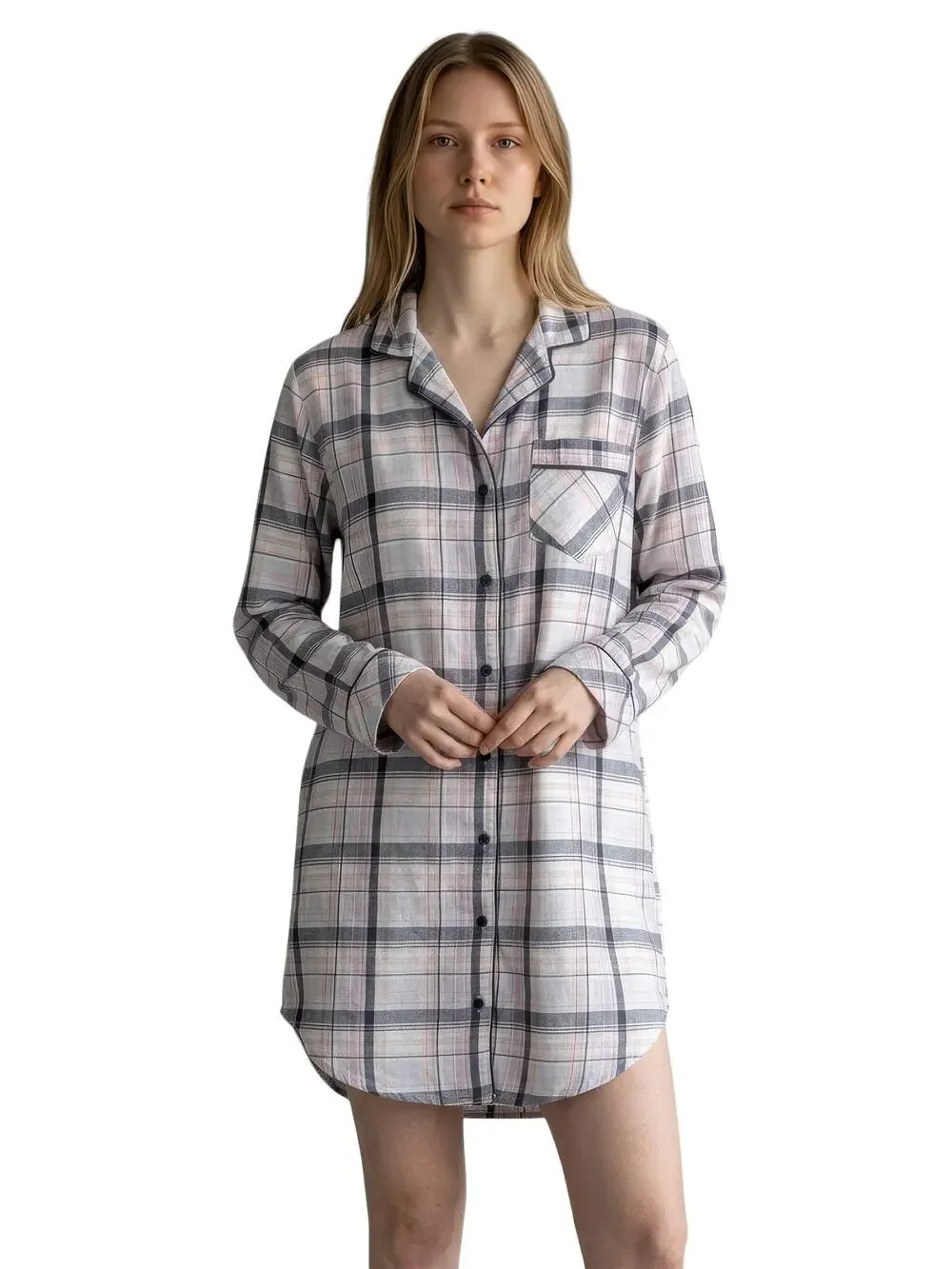 VICTORIA'S SECRET Flannel Gray Pink Print Plaid Nightgown Sleep Shirt Dress M